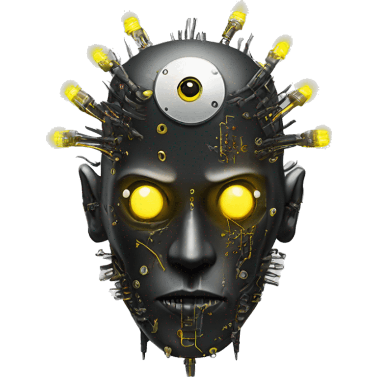 black metal cyborg head with circuitry, one artificial eyeball, and yellow Mohawk goatee emoji