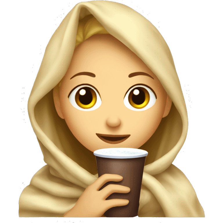 Blond girl wrapped in blanket drinking coco emoji