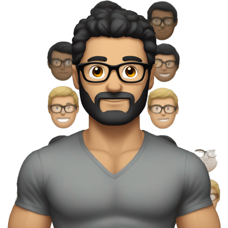 White man muscles, black hair and glasses emoji