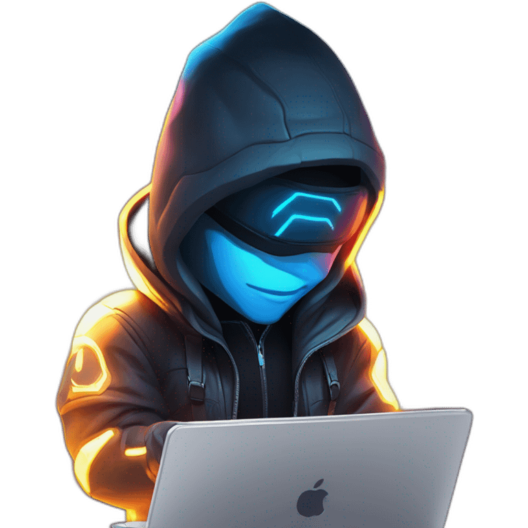 Young developer behind his laptop with this style : Crytek crysis video game neon glowing bright blue character blue black hooded assassin themed character emoji