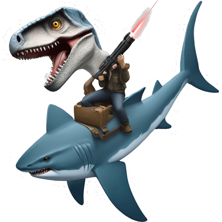 Velociraptor shooting laser guns while riding a great white shark emoji