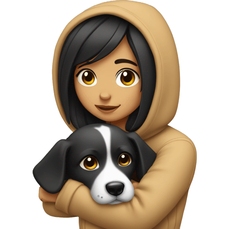 A girls wearing a cozy hoodies cuddling with her dog with black hair and brown eyes and tan skin emoji