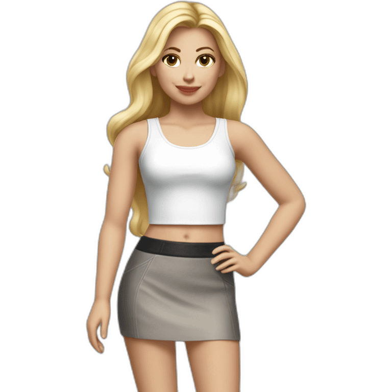 hyperrealist caucasian female with long blonde hair brown eyes white tank top gray tight mini skirt black high heeled shoes emoji