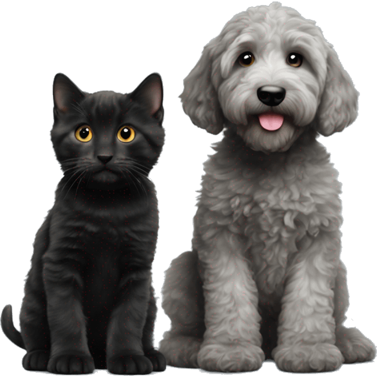 Grey labradoodle puppy next to a black kitten emoji