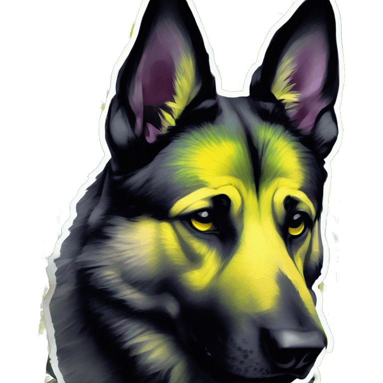 .Zombie_ Vaporwave black holographic oilslick zombie yellow German shepherd dog yellow caution tape graffiti neon yellow stripes emoji