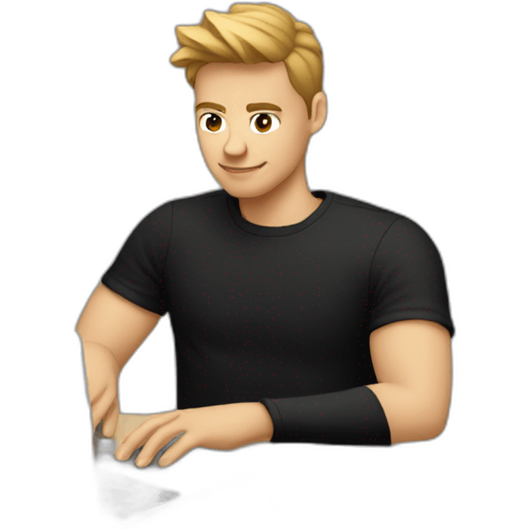 young white cool designer working on laptop no glasses wearing black t shirt emoji