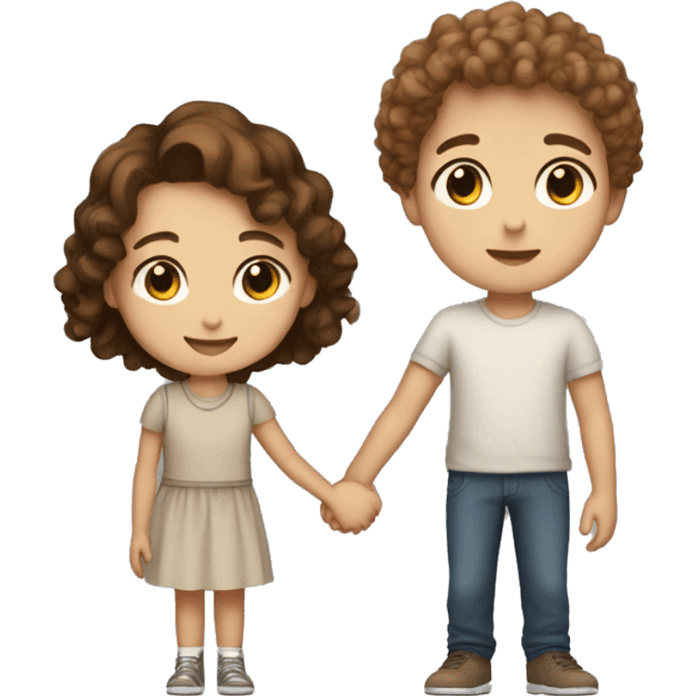 a short girl with brown hair and brown eyes holding hands with a taller boy with very light brown curly hair emoji