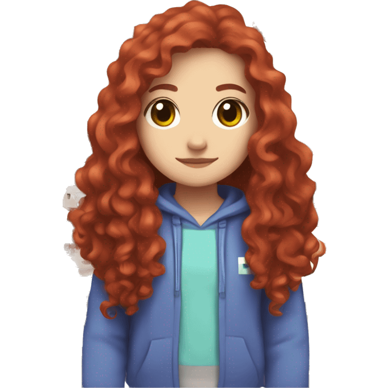 a white girl with long red curly hair, wearing periwinkle Minecraft hoodie holding a controller emoji