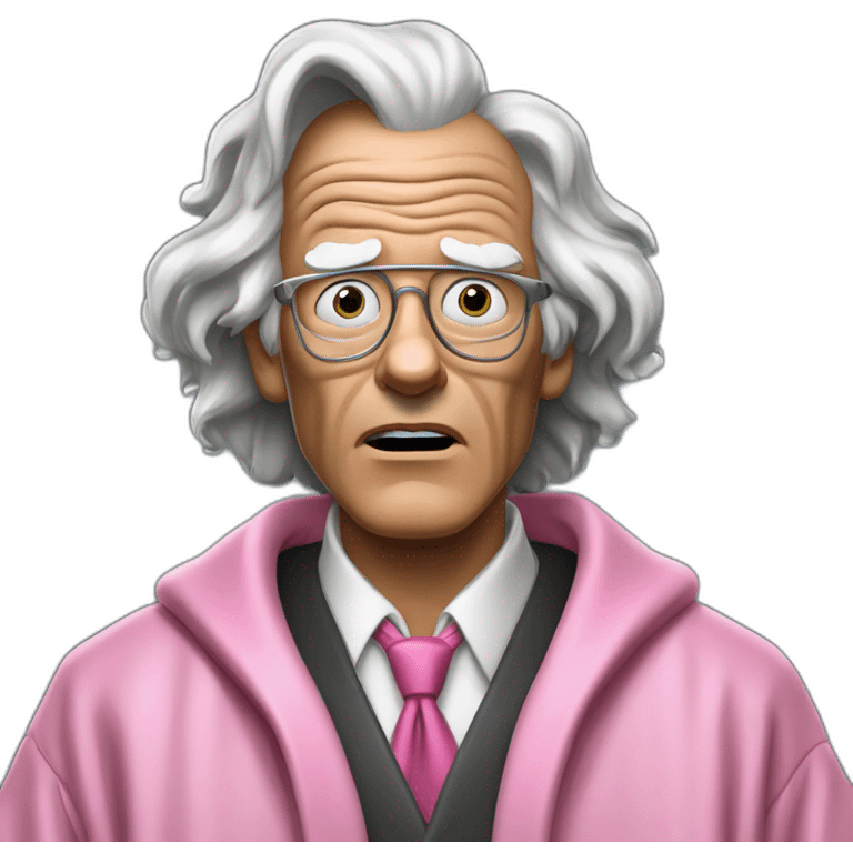 Doc Brown BTTF looking shocked and his mouth wide open. No eye-ware. Wearing a dark-silver bathrobe with black trim. Underneath the robe, there is a pink collard-shirt with a WHITE necktie. emoji