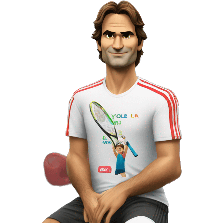 Roger federer with a Tshirt saying "La multi ani, Alex Coman! You are my role model" emoji