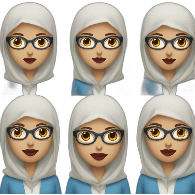 Hijabi white woman with glasses and brown eyes wearing a blue suit and red lipstick emoji