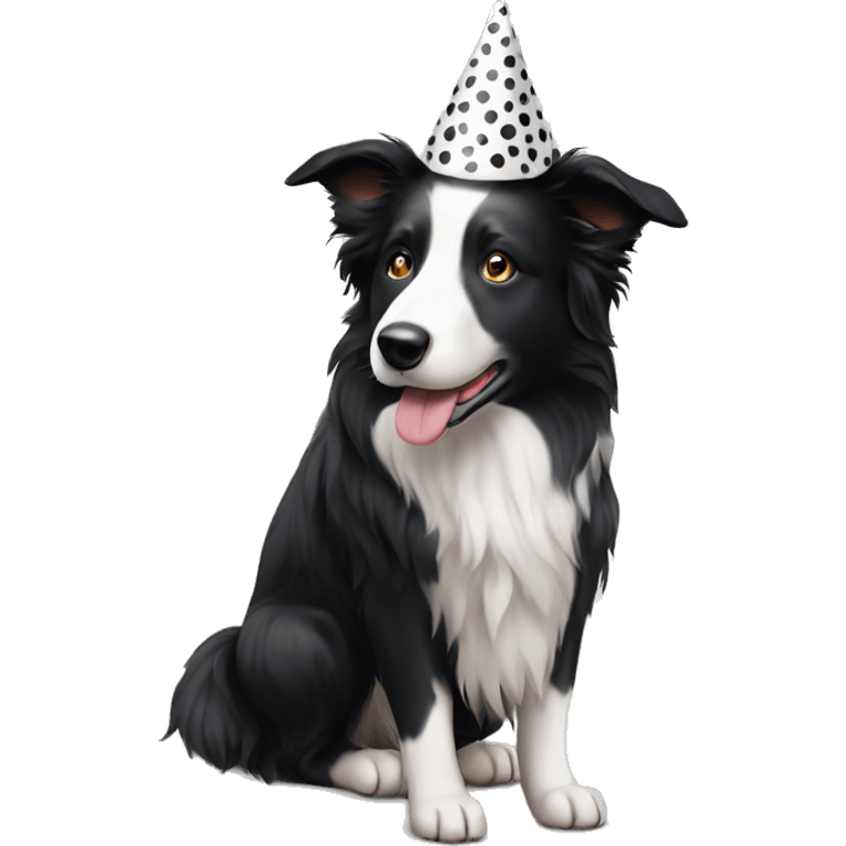 A black and white Border Collie with black spots wearing a party hat.   emoji