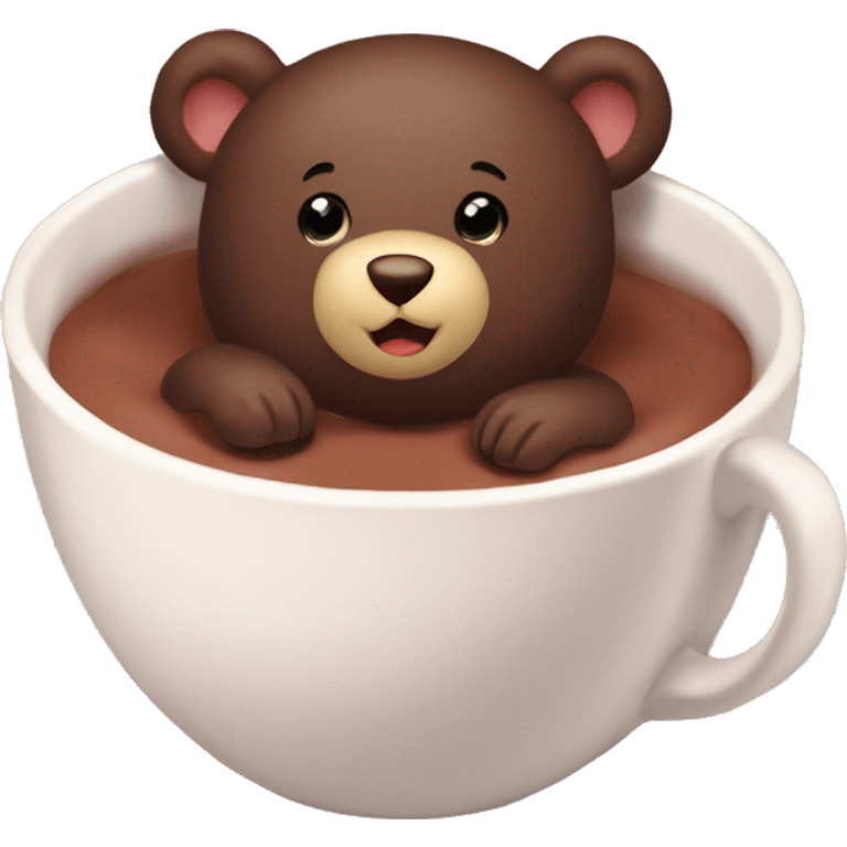 Baby bear inside of a cup of hot cocoa. Burgundy colored cup. The bear fits perfectly￼ in the cup. emoji