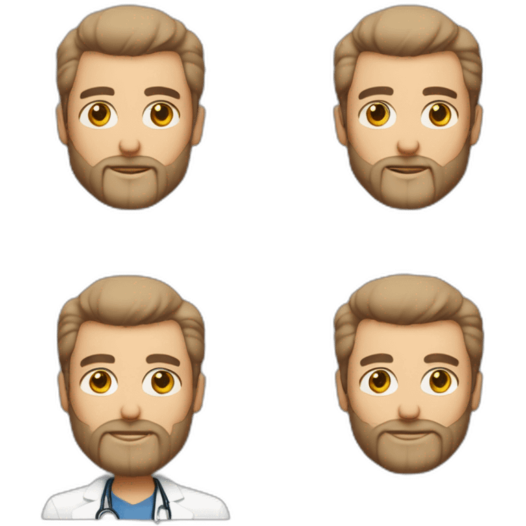 homem branco, olhos castanhos, 50 anos, cabelo liso branco e barba branca, óculos de grau e usando um jaleco de médico emoji