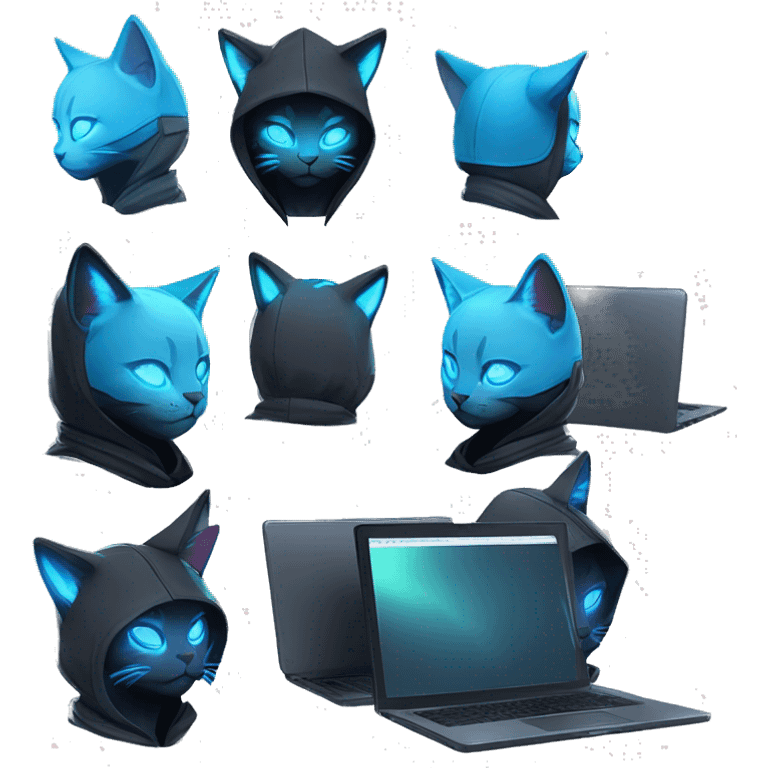 Side view developer cat behind his laptop with this style : Riot Games Valorant neon glowing bright blue character blue black hooded assassin themed character emoji