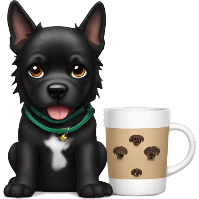 black shpitz dog with starbacks mug emoji