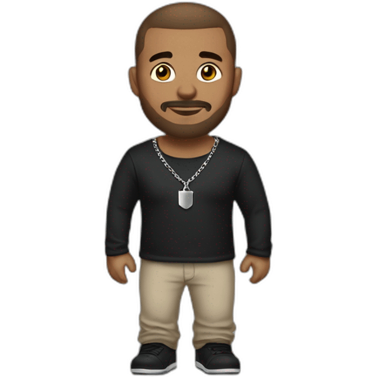 man with short brown hair shaved on the sides, low beard, eyebrow piercing, with a silver chain around his neck and wearing a black t-shirt emoji