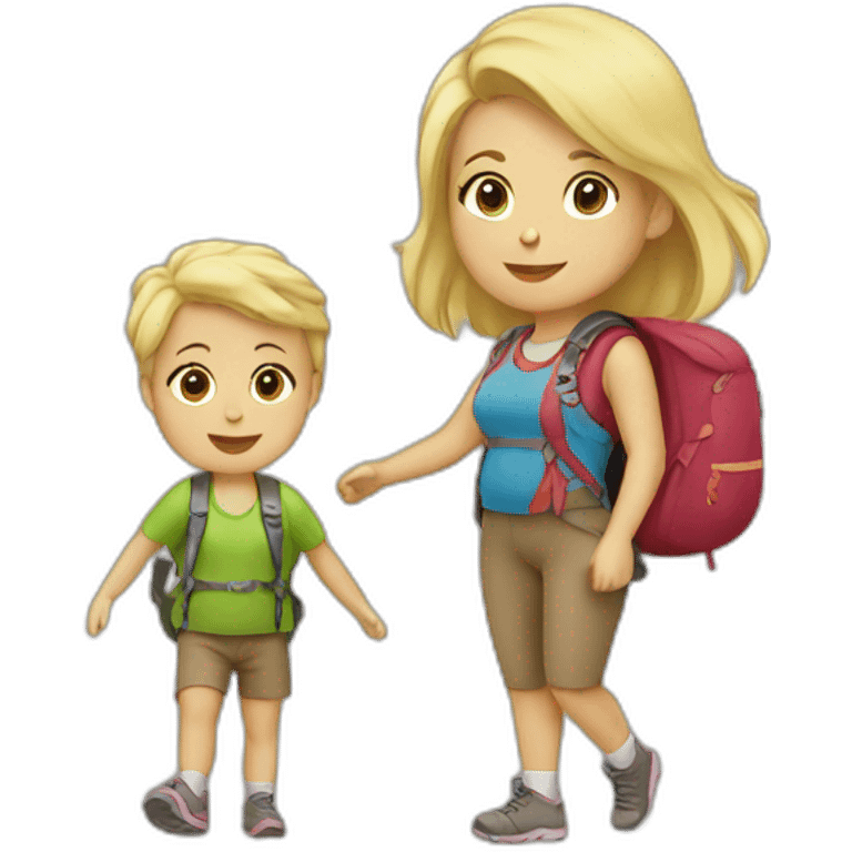 Mom hiking with little baby blond hair emoji