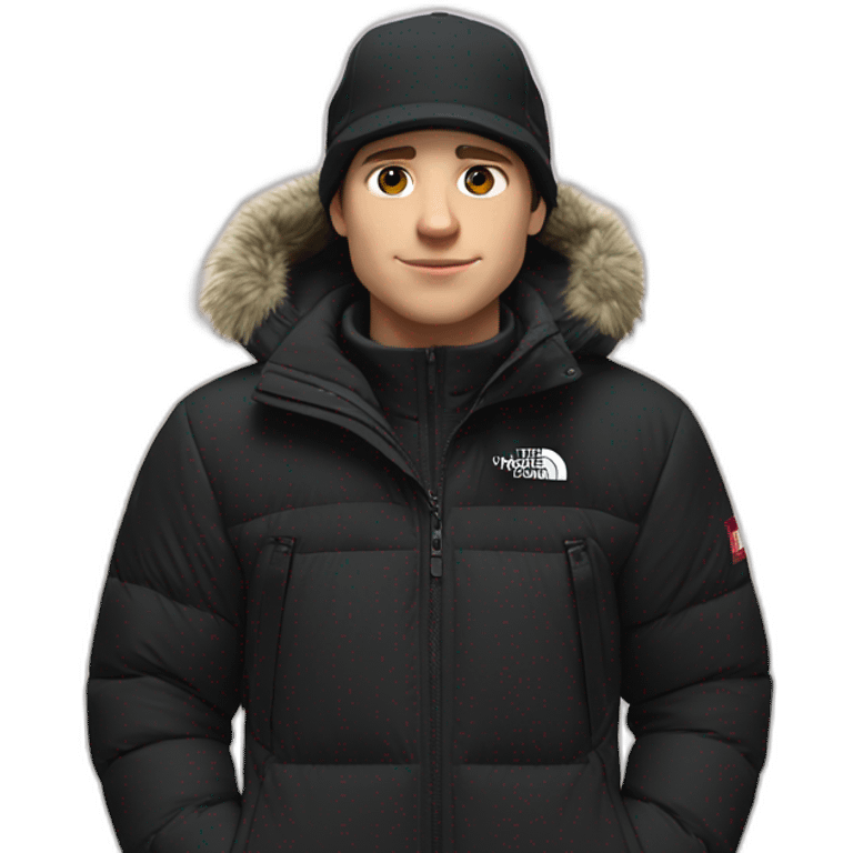 white boy,mi-long brown hair,winter cap black The North face,black jacket The North face,1 Backpack emoji