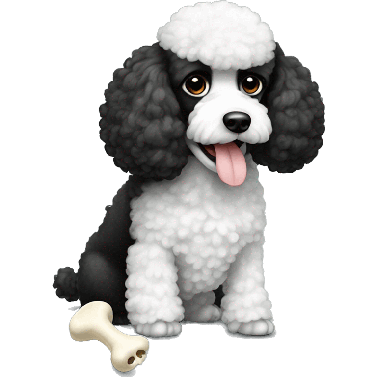 Black and white poodle with bone in her moth emoji