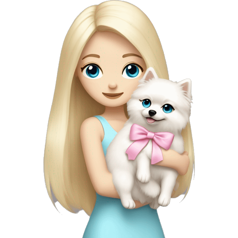 Blond girl white skin blue eyes hugging white Pomeranian with light pink bow emoji