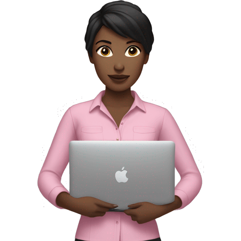 Fair-skinned woman with black hair wearing a pink shirt holding a gold macbook emoji