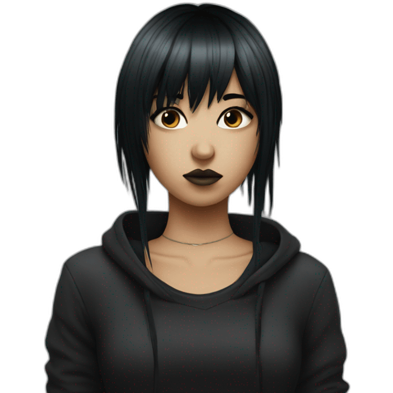 Emo girl with black strait hair with bangs and piercings on her face emoji