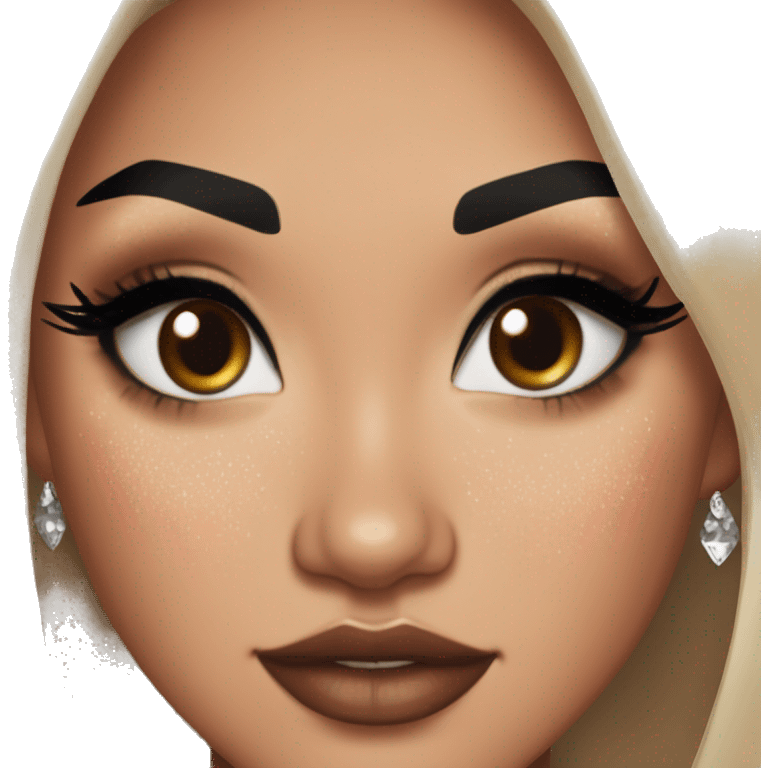 Alexa Demie euphoria show: warm brown eyes, bold black sharp eyeliner, sparkly rhinestones on eyes, dark arched brows, full nude-berry lips, light skin, high cheekbones, sleek dark brown long straight hair in ponytail.

 emoji