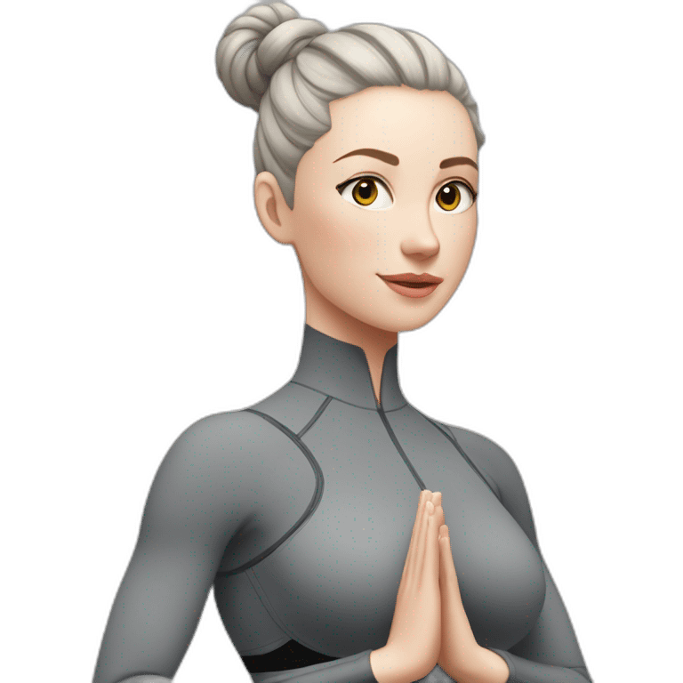 Pale skinned fit woman In a gray tight yoga suit and wristbands With black hair in a bun doing yoga emoji