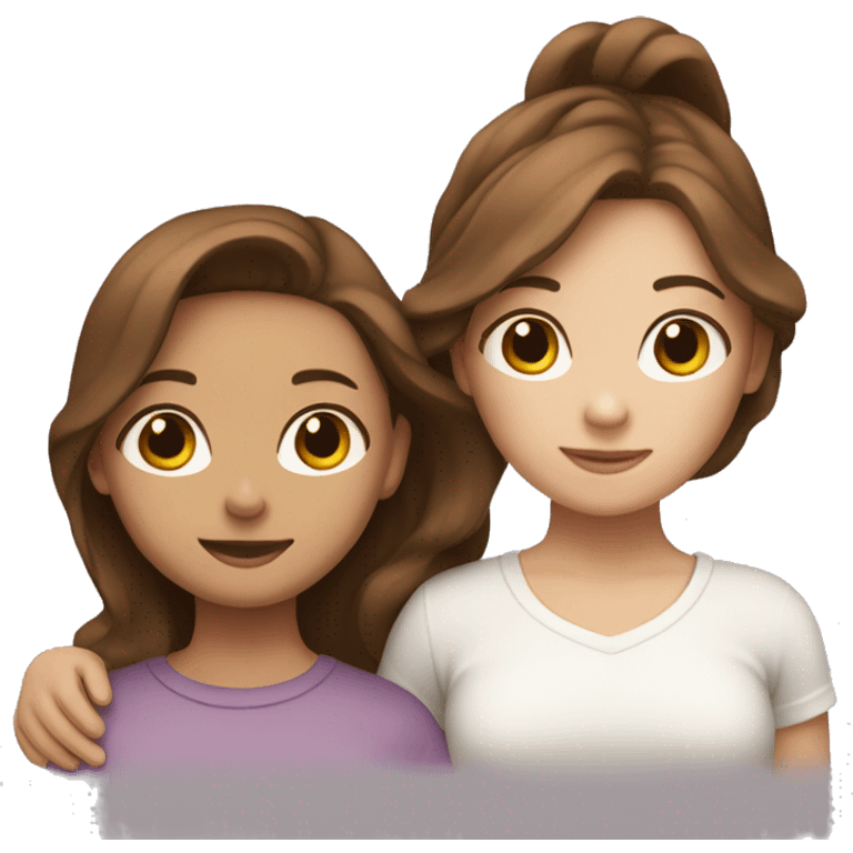 Two girls with white skin hugging each other one has wavy brown hair and the other has straight brown hair emoji