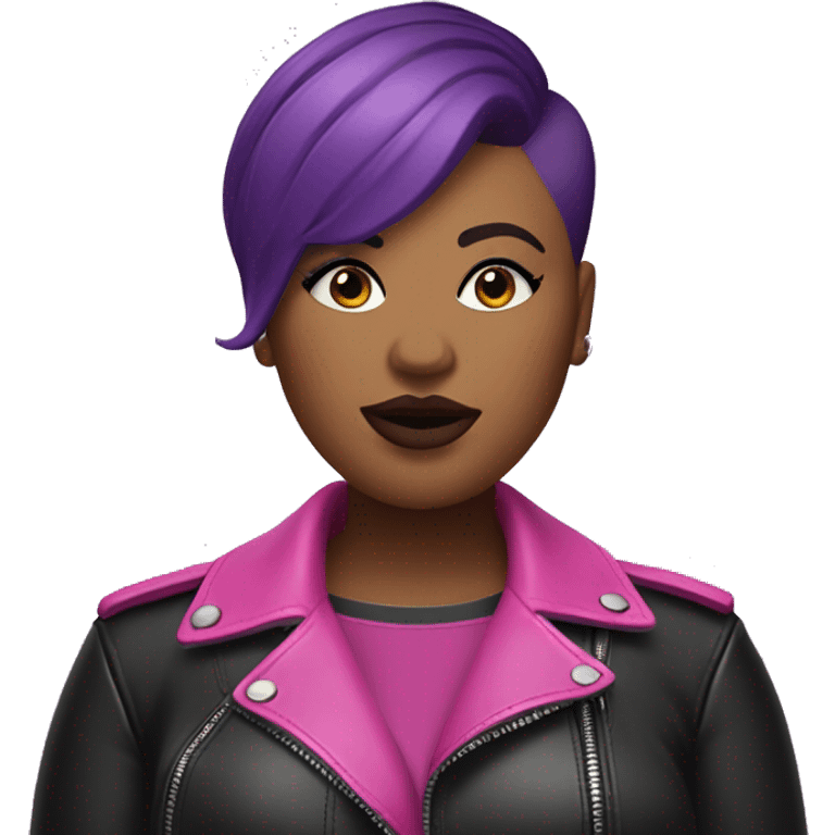 Plus size black woman with very short pink hair and a purple leather biker jacket with makeup on face. emoji