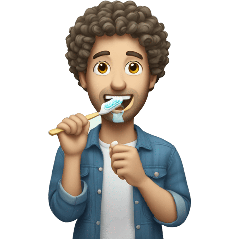 White man with curly hair brushing his teeth emoji