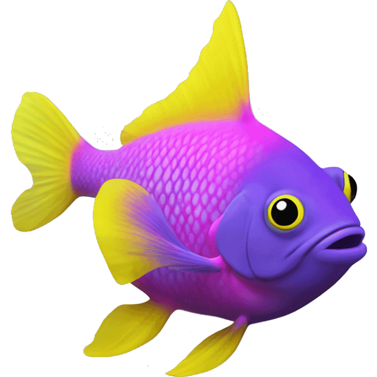 royal gramma tiny fish with purpleish pink front face and half front of body, neon yellow back half and black dot on top fin emoji