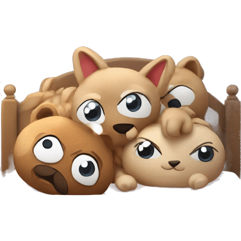 stuffed animals having a sleepover in beds emoji