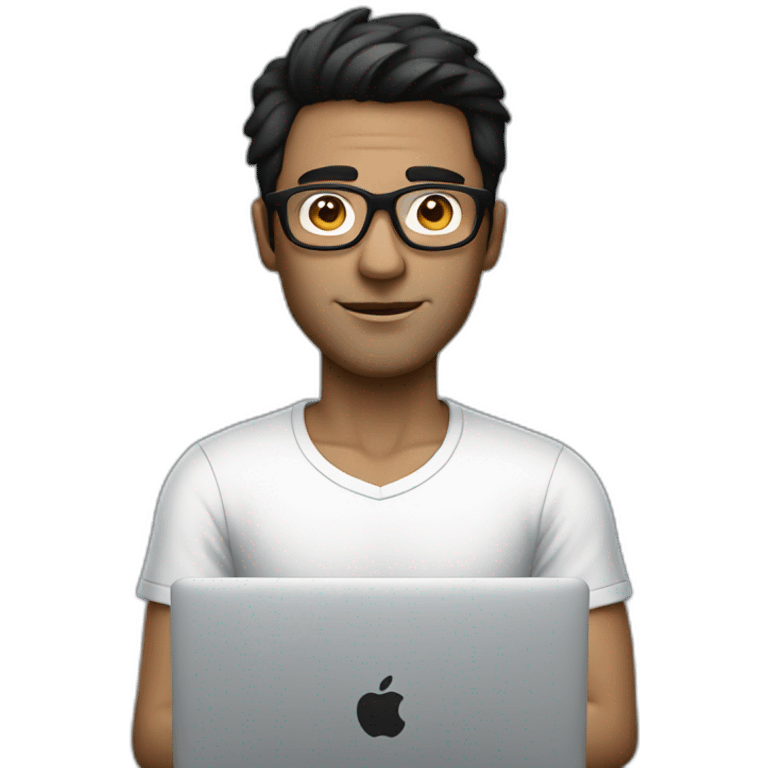 dark hair man with macbook with white transparent glasses  emoji