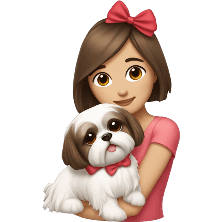 brunette girl hugging cream short hair shih tzu with bow on head  emoji