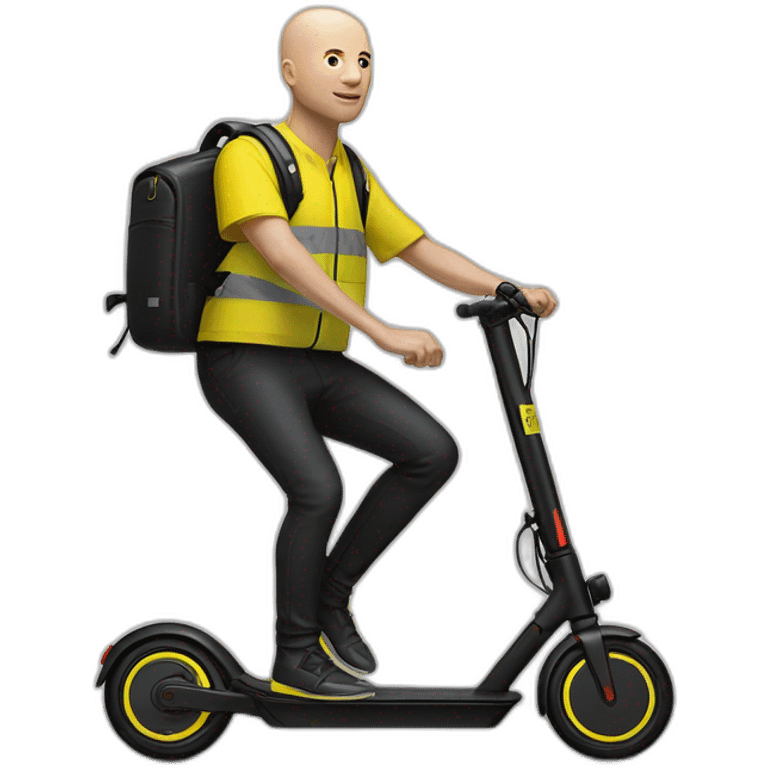 bald man, with a yellow cycling helmet, on a xiaomi e-scooter painted in black, whearing a yellow safety vest emoji