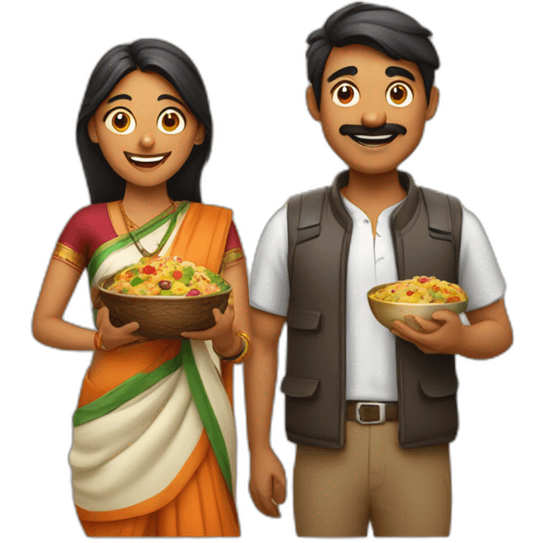 Indian man and woman with camera in one hand and food in other hand, happy smiling emoji