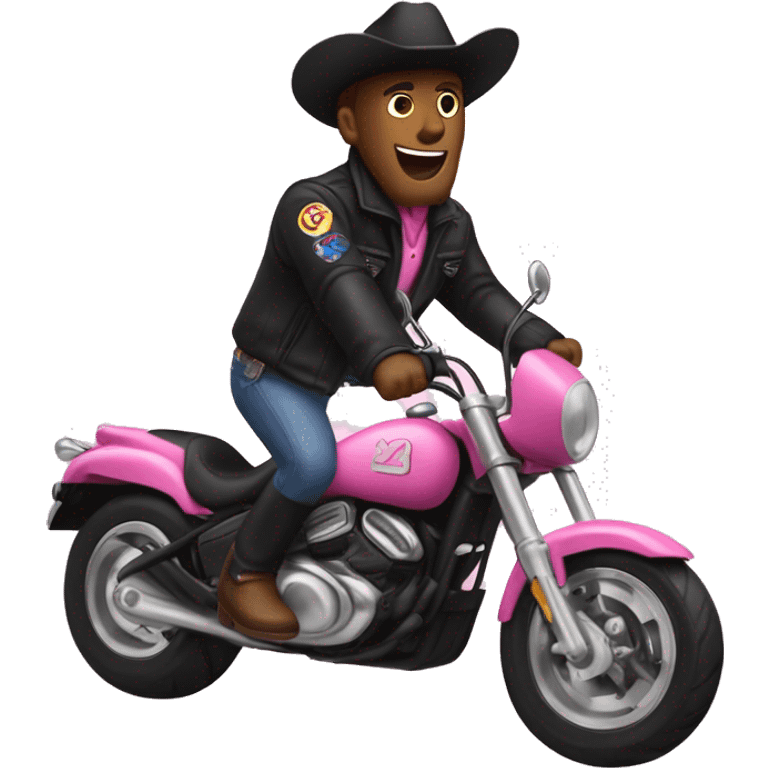 make me a belier in a black down jacket doing a wheelie in a booster and behind him you put a dog with a pink cowboy hat and tn emoji