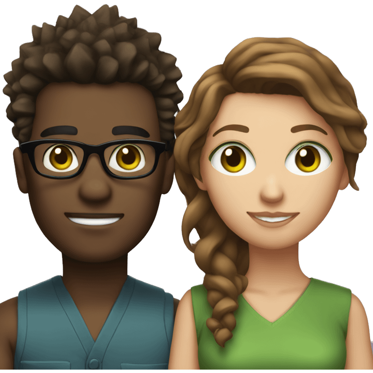 black male with spikey hair and glasses and white female with brown wavy hair , green eyes and glasses emoji