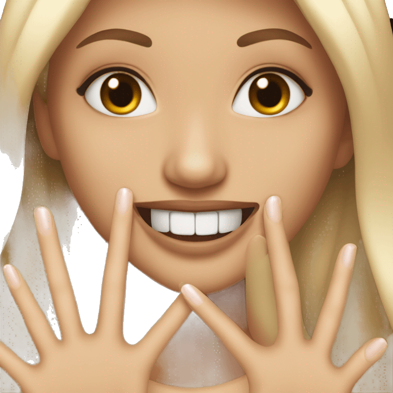 Girl with long nails smiling with index fingernail between her teeth  emoji