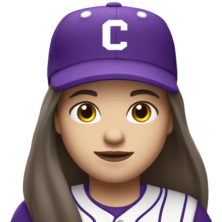 baseball card character. Brunette long straight hair. letter C logo. Purple and white uniform. emoji