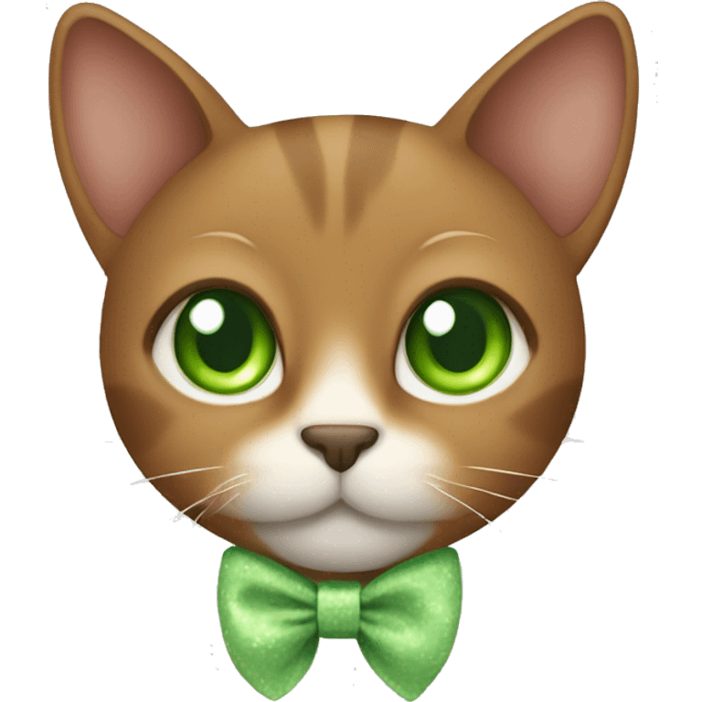 brown cat with white chest, green eyes, bow on chest emoji