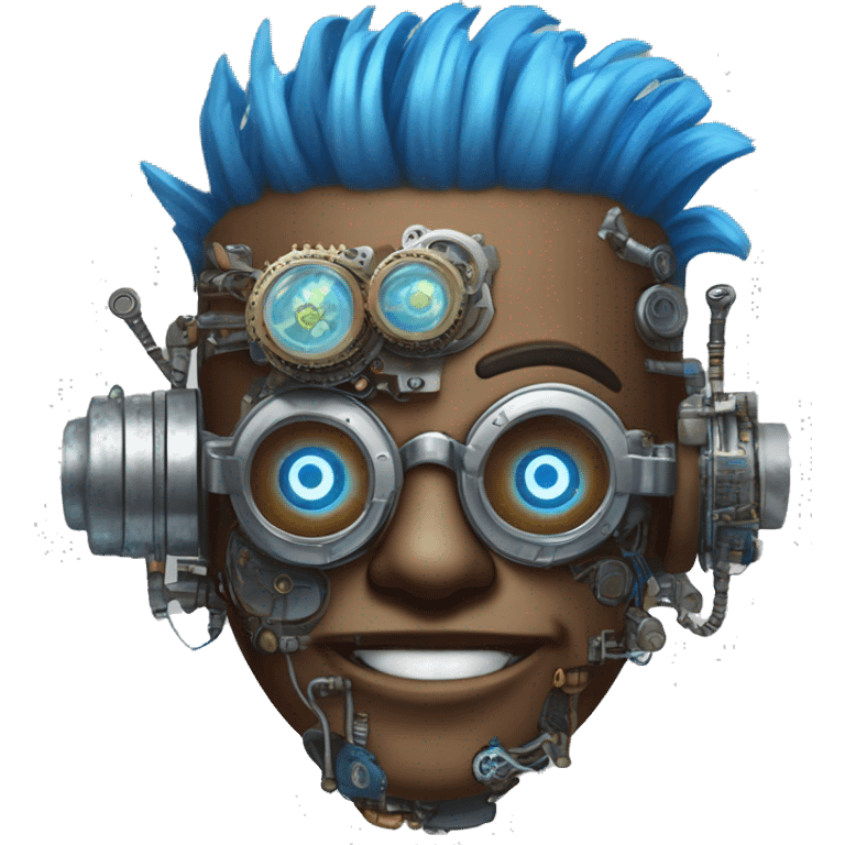 Brown cyborg head with blue Mohawk, blue beard, silver steampunk monocle goggles a smile and circuits emoji