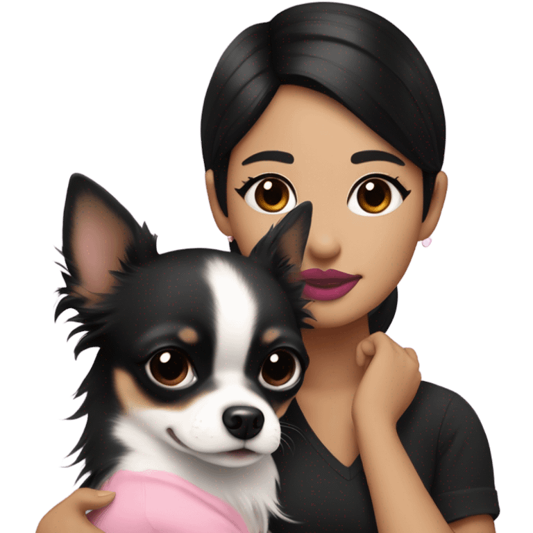 Thick medium black hair with black eyes and pink lip and pink cheek Filipino lady hugging black and white Chihuahua  emoji