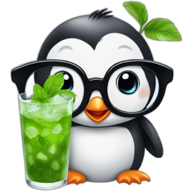 baby penguin with big glasses drinking mojito emoji