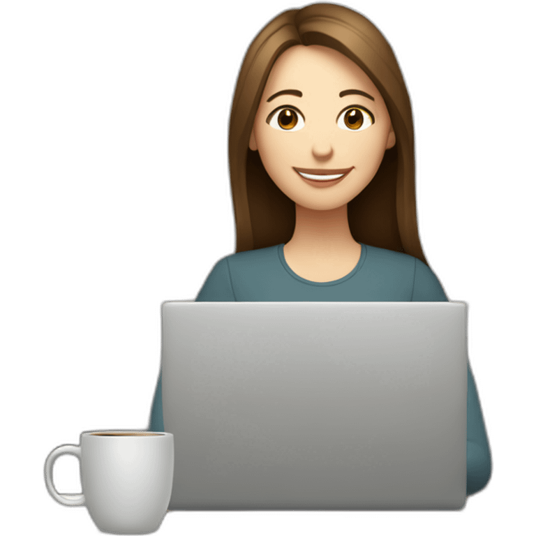 eyes closed smiling woman pale skin middle brown long straight hair holding a closed laptop and a coffee mug emoji