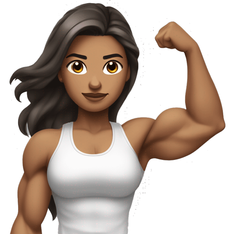 Strong muscle girl brown hair flexing one arm white top; black long hair (with a bit silver highlight & balayage towards the lower end); skin isn’t too tan emoji