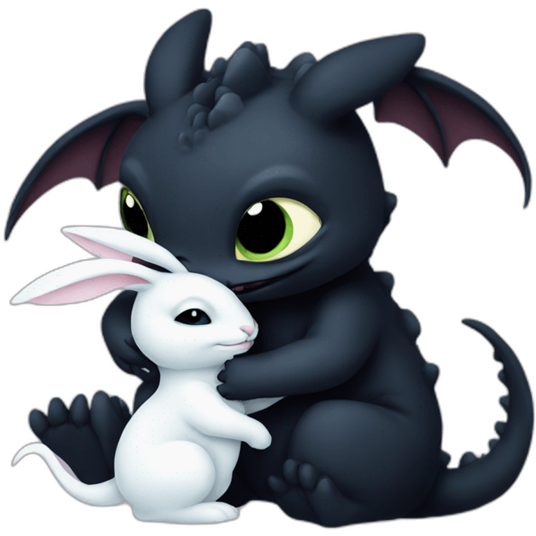 Toothless the dragon hugging a white bunny emoji