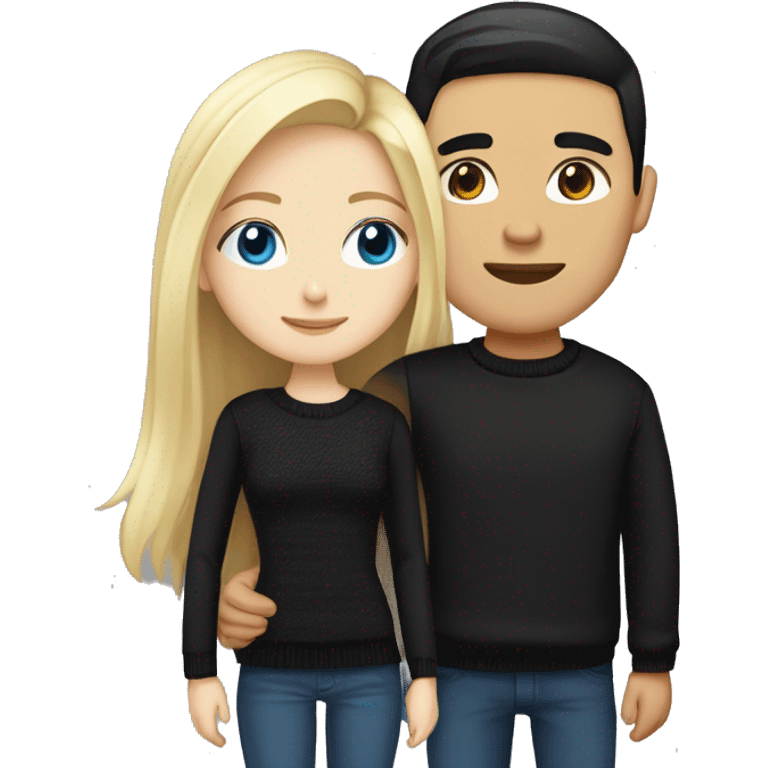 Blonde girl with blue eyes in black sweater and an east asian with light skin man with black hair and black eyes hugging emoji